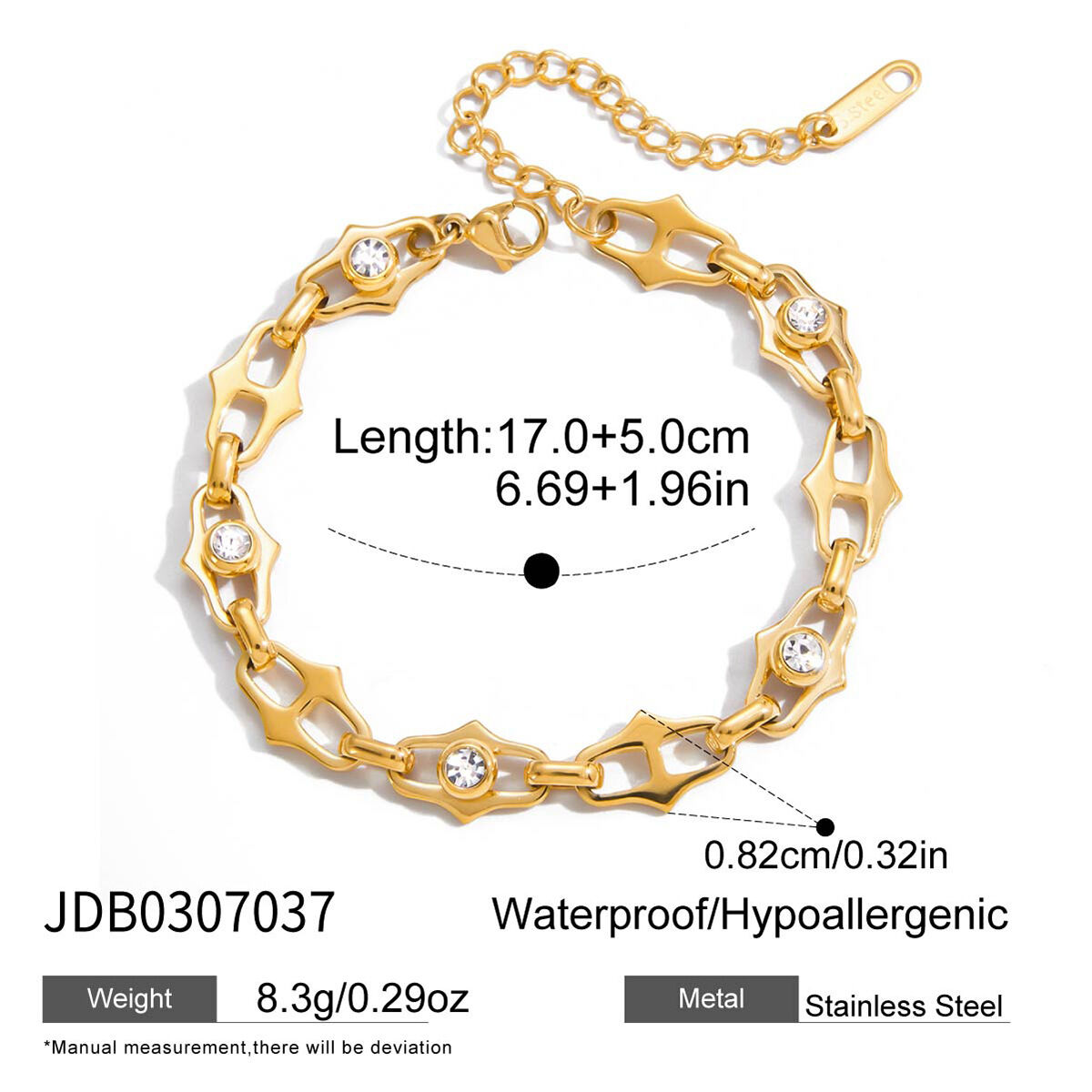 1 Stück Exquisites Kettenarmband aus Edelstahl, wasserdicht, goldfarben, mit Zirkonia h5 