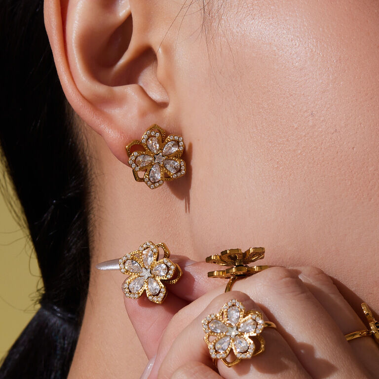 Classic Flower Rotatable Stainless Steel Waterproof Gold Color Zircon Women's Jewelry Sets Picture2