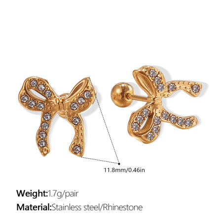 1 paio di orecchini piercing con nodo a fiocco in acciaio inossidabile, impermeabili, color oro, con strass