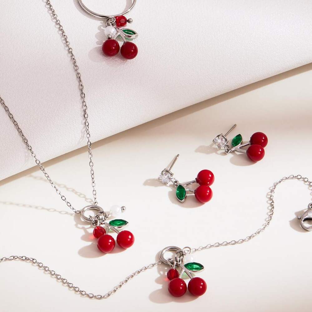 Whimsical Cherry Stainless Steel Waterproof Gold Color Zircon Women's Jewelry Sets Picture3