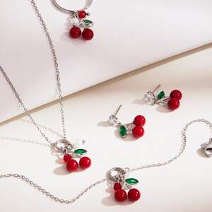 Whimsical Cherry Stainless Steel Waterproof Gold Color Zircon Women's Jewelry Sets h5 Picture3