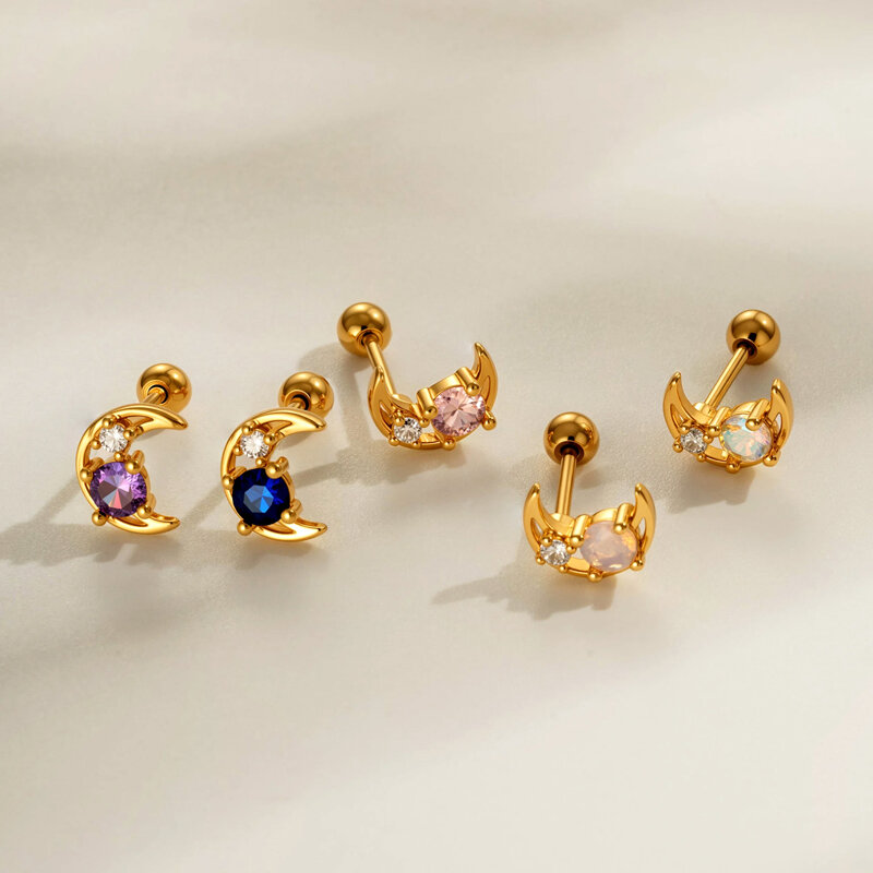 1 Adet Ay Bakır Altın Rengi Zirkonyum Piercing Küpe