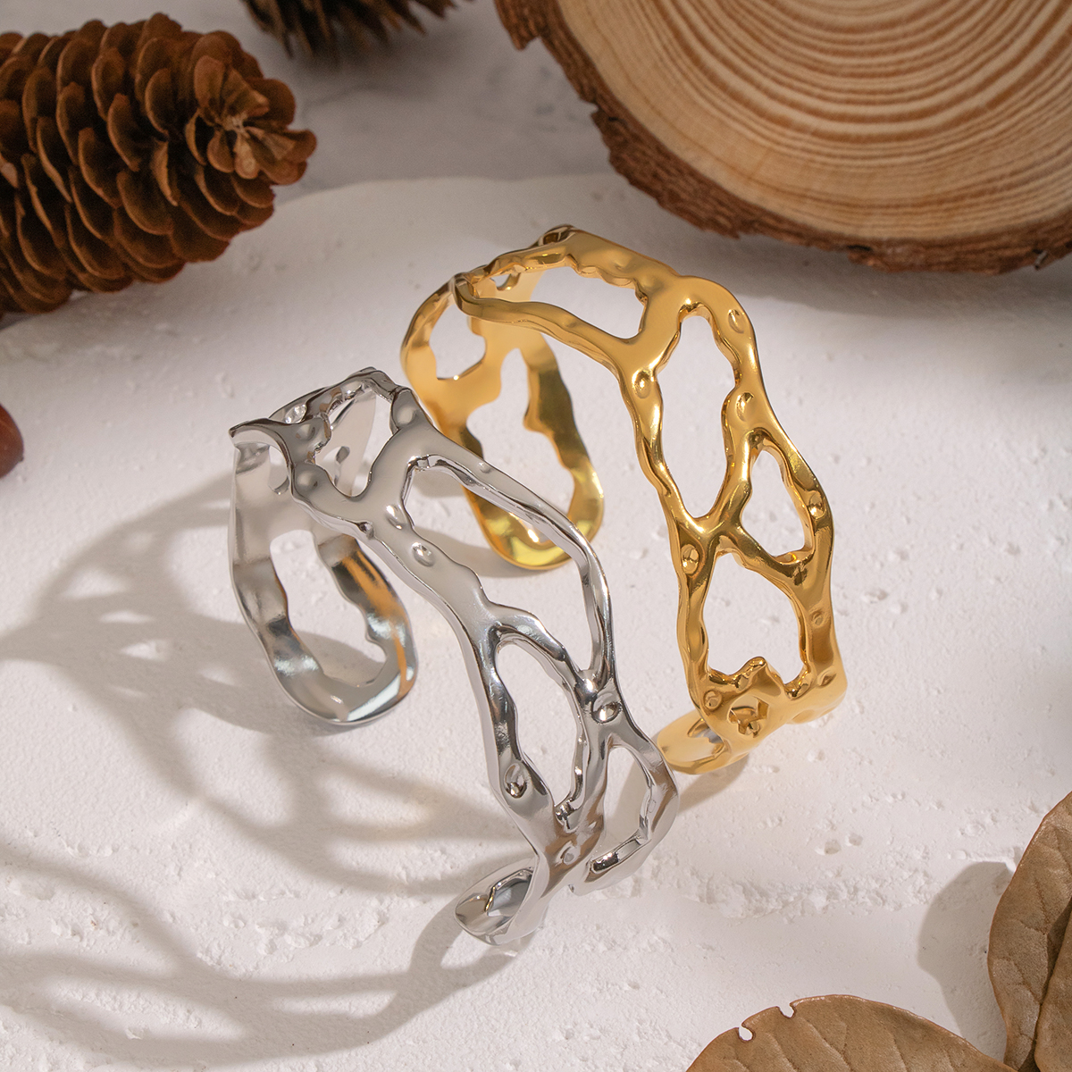 1 Piece Irregular Shape Hollowed-out Stainless Steel Waterproof Cuff Bracelet h5 Picture2