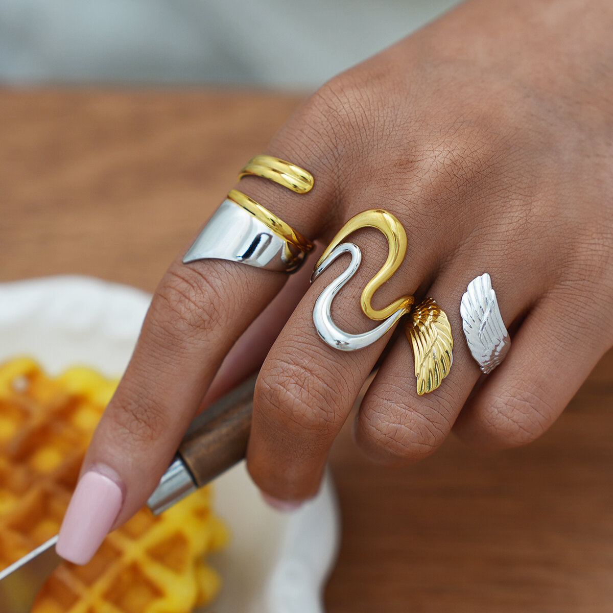 1 Piece Retro Mixed Gold Color And Silver Colors Wings Stainless Steel Waterproof  Women's Statement Rings h5 Picture8