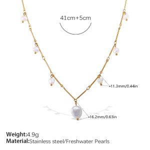 1 Piece Stainless Steel Waterproof Gold Color Pearl Pendant Necklace h5 Picture2