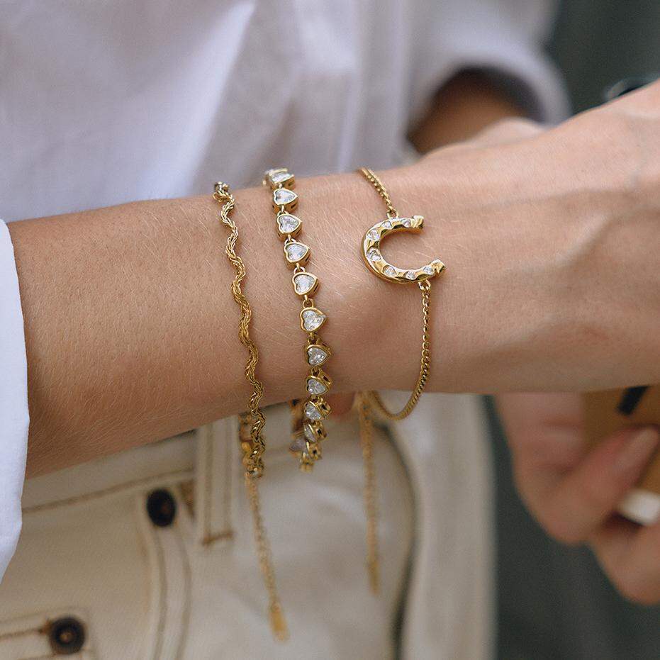 Luxurious Horseshoe-shaped Stainless Steel Waterproof Gold Color Zircon Women's Jewelry Sets Picture3