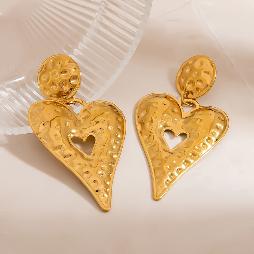 1 Pair Heart Hammer Pattern Stainless Steel Waterproof Gold Color Drop Earrings h5Picture3