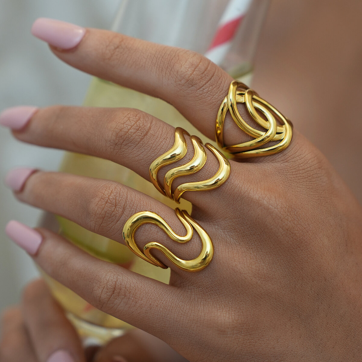 1 Piece Simple  Retro Irregular Shape Stainless Steel Waterproof  Gold Color Women's Statement Rings Picture3