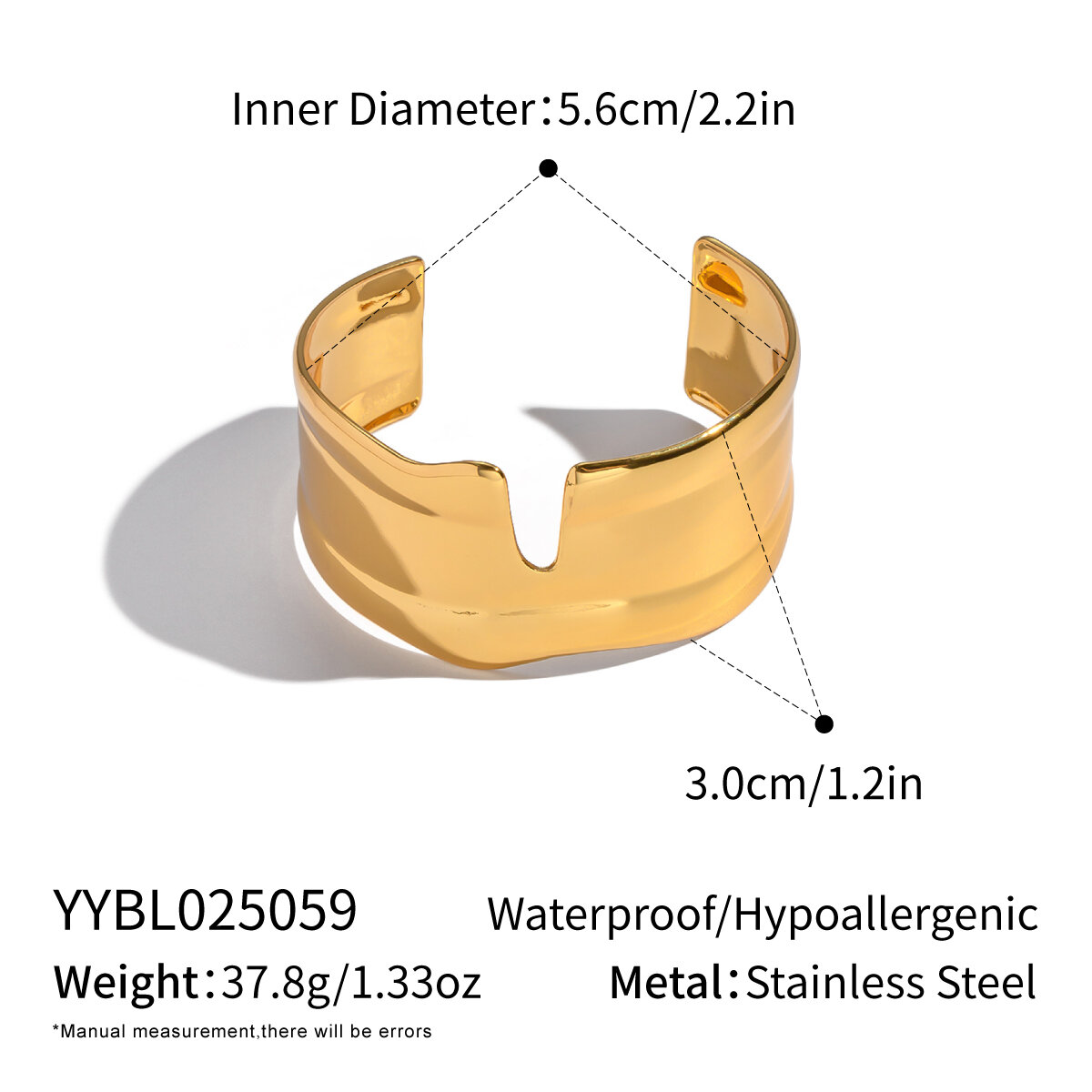 1 Piece Solid Color Stainless Steel Waterproof Gold Color Cuff Bracelet h5 