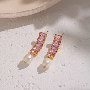 1 Pair Luxurious Series Stainless Steel Waterproof Gold Color Pink Zircon Party Earrings h5 Picture4