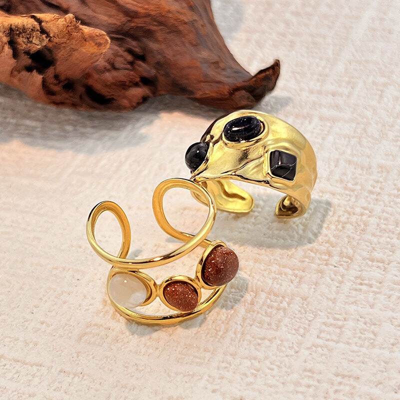 1 Piece Retro Irregular Shape Stainless Steel Waterproof Gold Color Natural Stone Ring Picture2