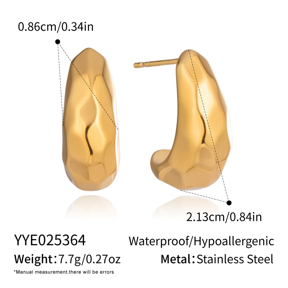 1 Pair Hammer Pattern Stainless Steel Waterproof Gold Color Stud Earrings