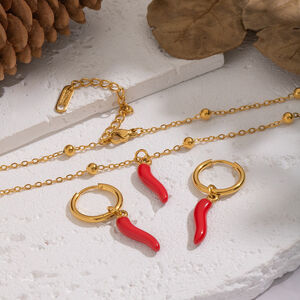 Enamel Chili Stainless Steel Waterproof Gold Color Necklace Set h5 Picture3