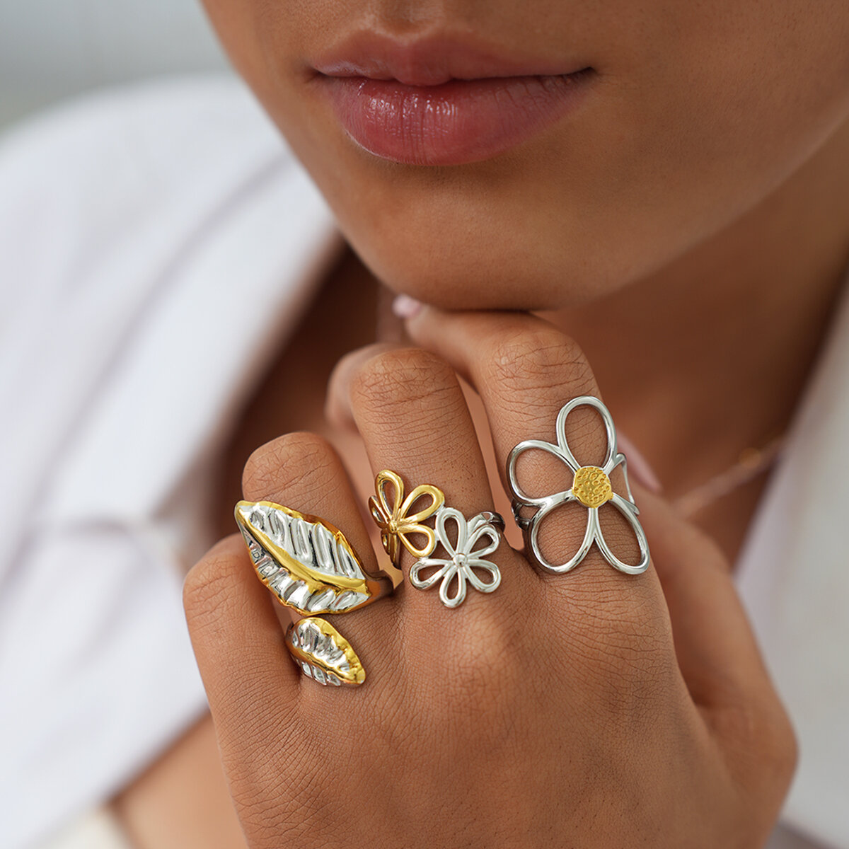 1 Piece Flower Plant Stainless Steel Waterproof  Gold Color Women‘s Statement Rings Picture3