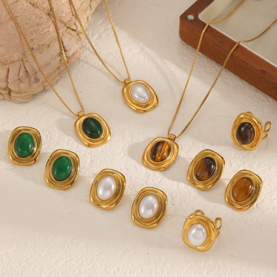 Retro Rectangle Stainless Steel Waterproof Gold Color Natural Stone Necklace Set 2