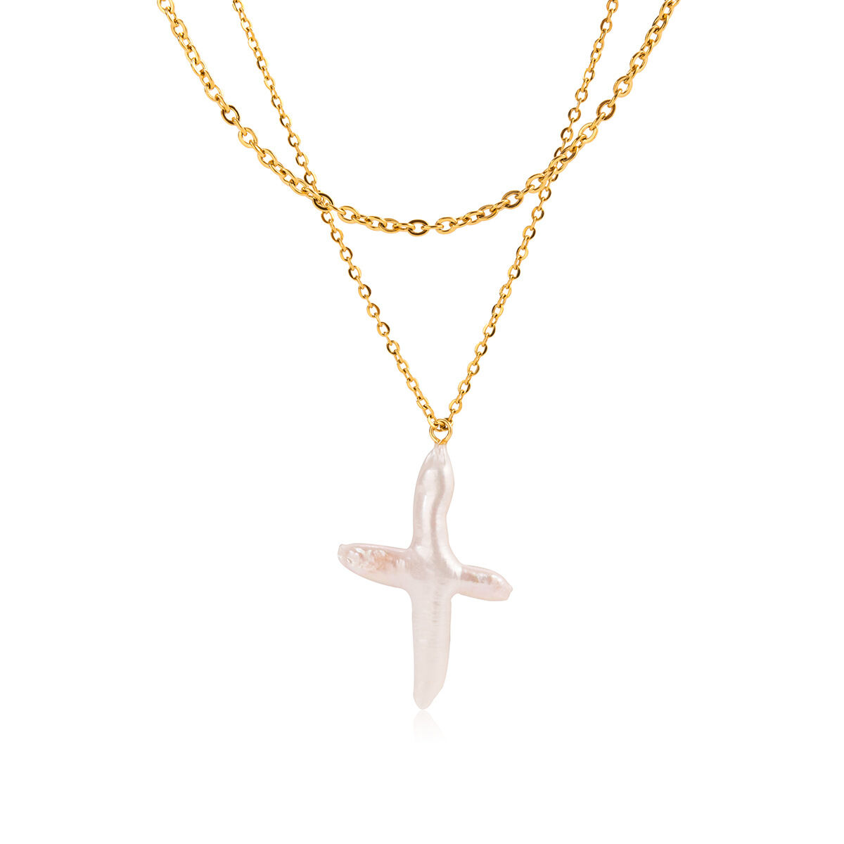 1 elegante Damen-Halskette mit Kreuzanhänger aus Edelstahl, wasserdicht, goldfarben, mit Perle 