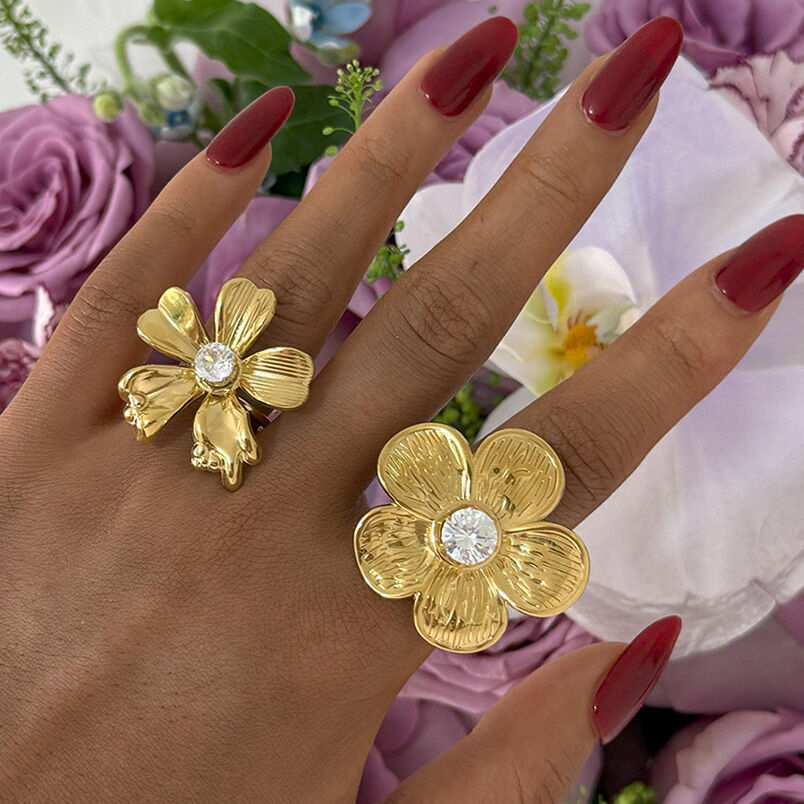 1 Piece Flower Stainless Steel Waterproof Gold Color Zircon Women's Statement Rings Picture2
