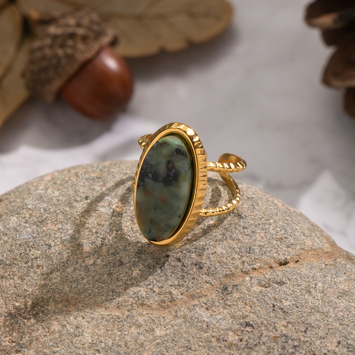 1 Piece Retro Stainless Steel Waterproof Gold Color Natural Stone Gemstone Ring