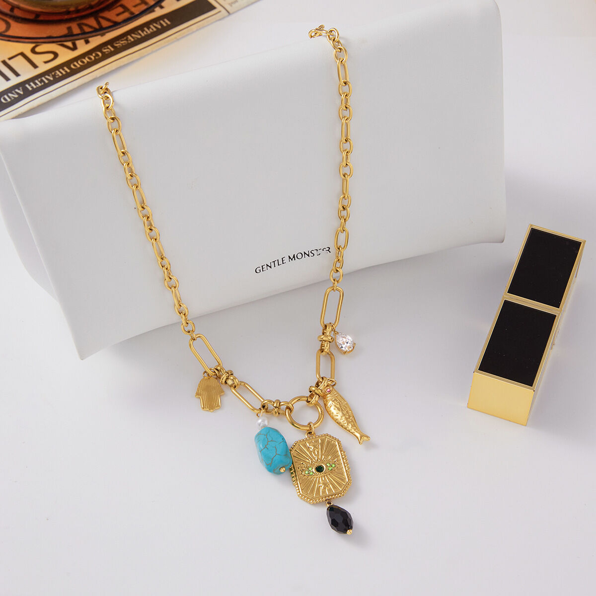 1 Piece Gorgeous Devil's Eye Stainless Steel Waterproof Gold Color Natural Stone Women's Pendant Necklaces h5 Picture5