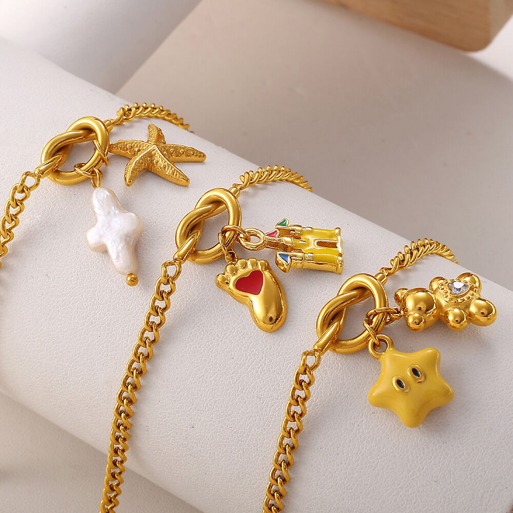 1 pulsera de acero inoxidable resistente al agua de color dorado con dijes DIY Imagen2