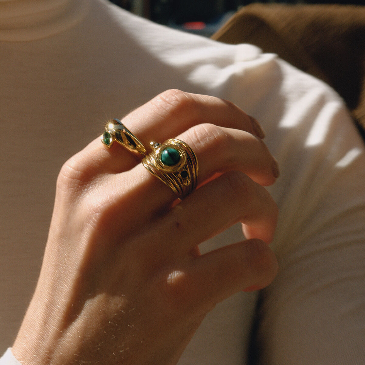 1 Piece Classic Malachite Lines Stainless Steel Waterproof Gold Color Women's Gemstone Rings