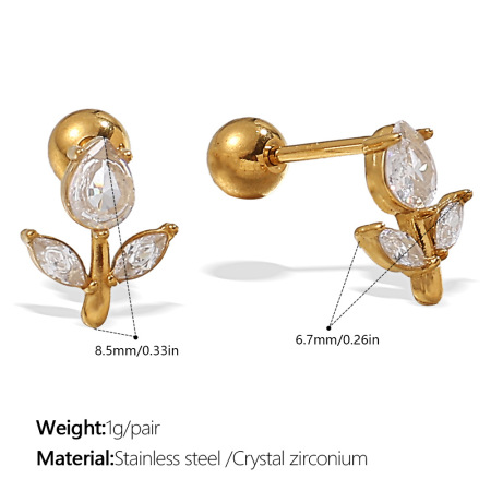 1 paio di orecchini piercing in acciaio inossidabile con fiore, impermeabili, color oro e zirconi
