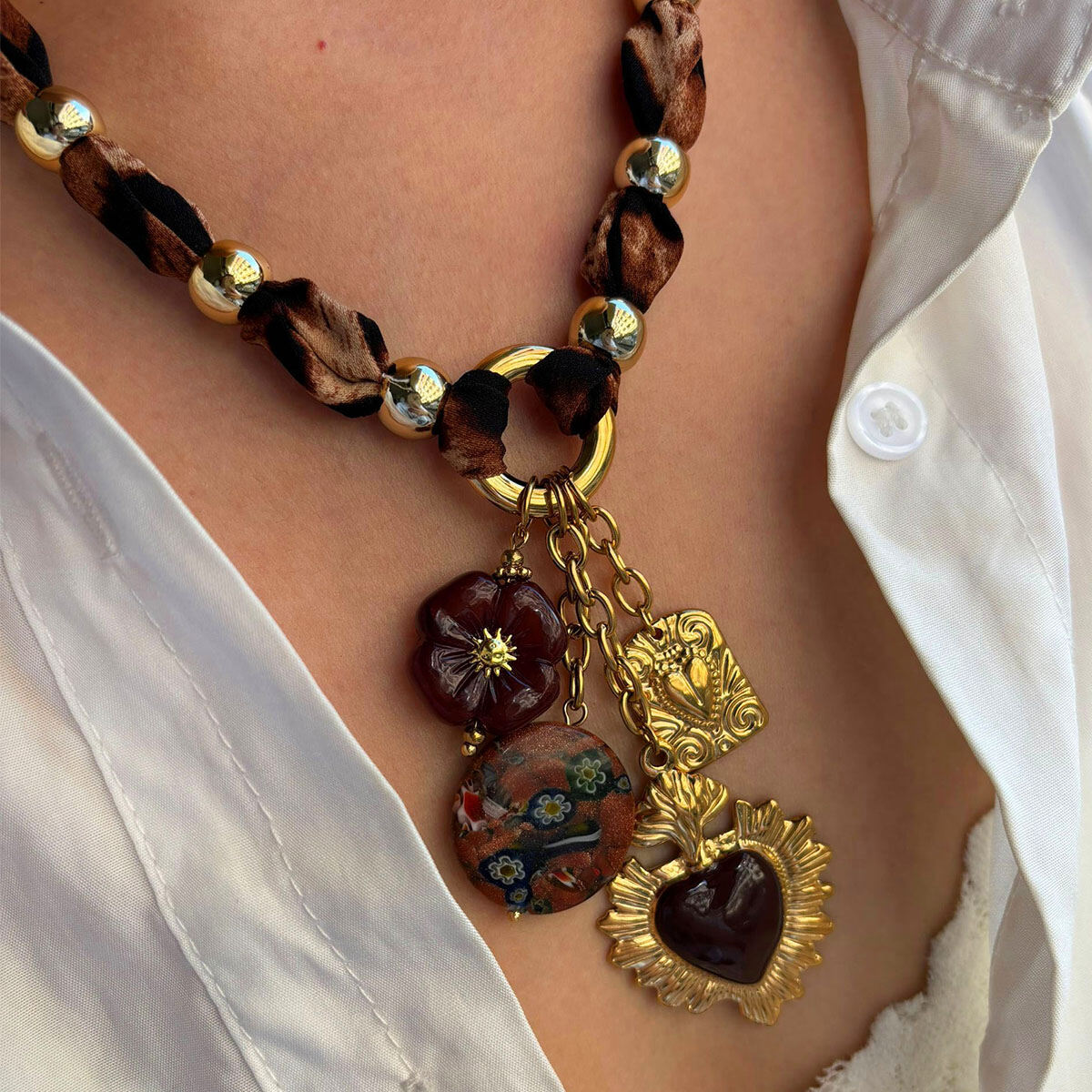 1 Piece Leopard Fabric Heart Resin Pendant Necklace 2