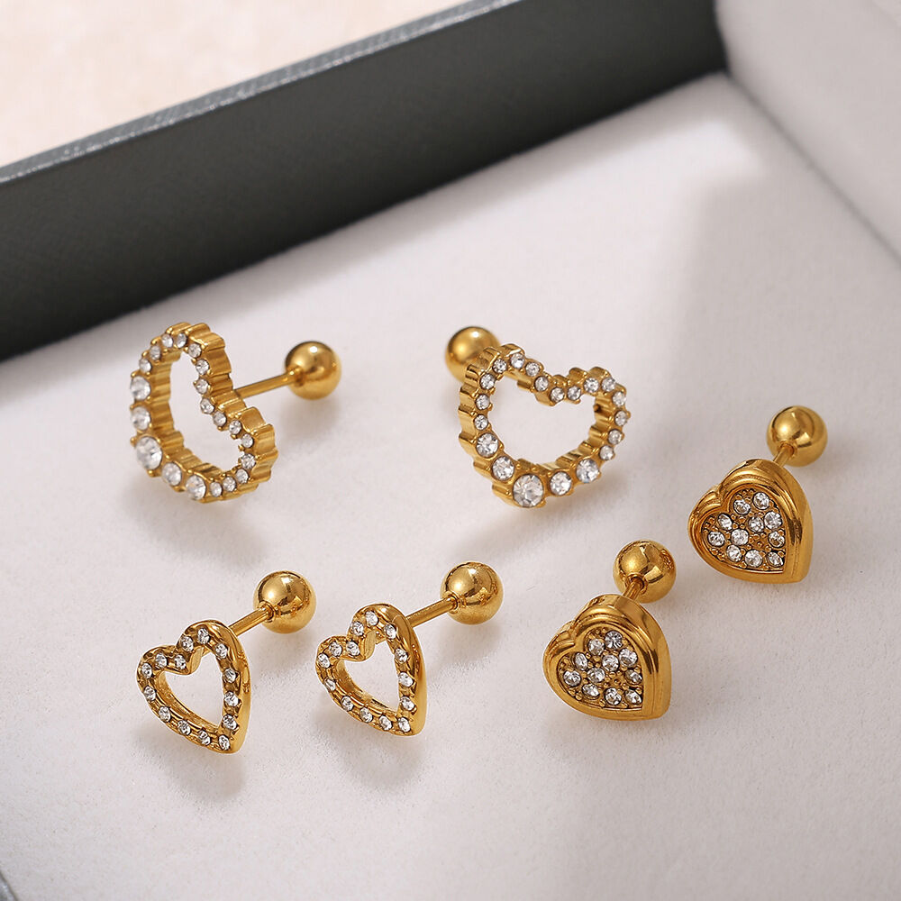 1 Pair Heart Stainless Steel Waterproof Gold Color Rhinestone Piercing Earrings 2
