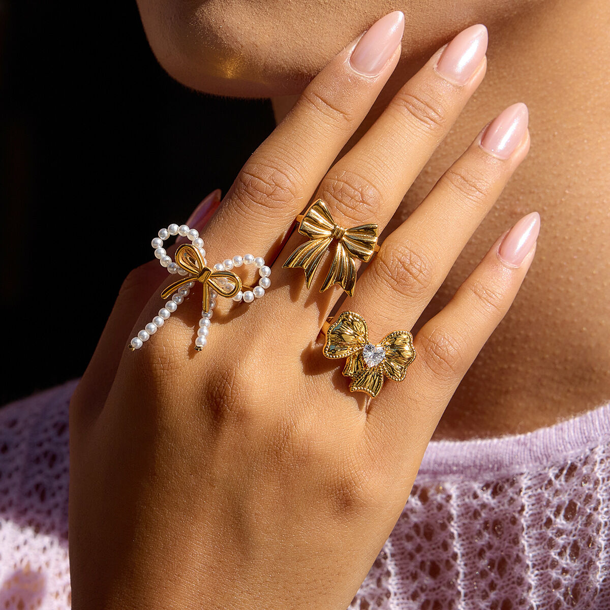 1 Piece Exquisite Bow Knot Stainless Steel Waterproof Gold Color Statement Rings h5 Picture3