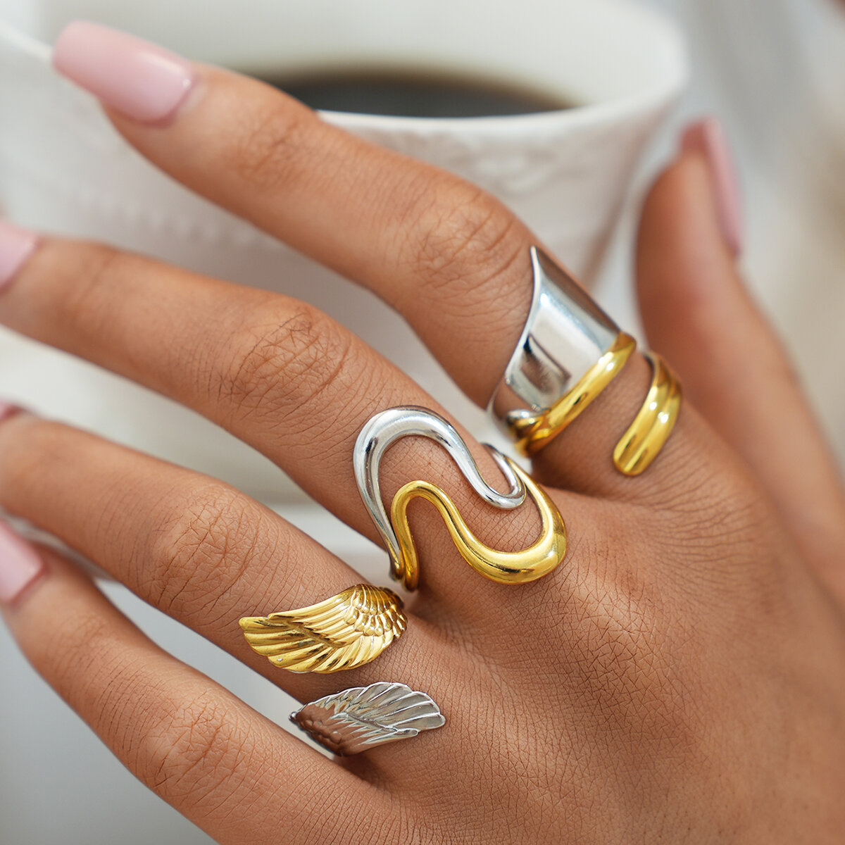 1 pezzo retrò misto color oro e argento colori ali in acciaio inossidabile impermeabile anelli da donna