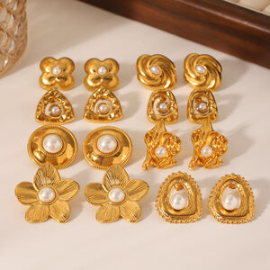 1 paire de boucles d'oreilles puces luxueuses pour femme, en acier inoxydable doré, de forme irrégulière et ornées de fleurs. h5 Image4