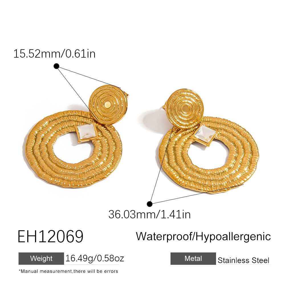 1 paire de boucles d'oreilles pendantes Punk Circle en acier inoxydable étanche couleur or