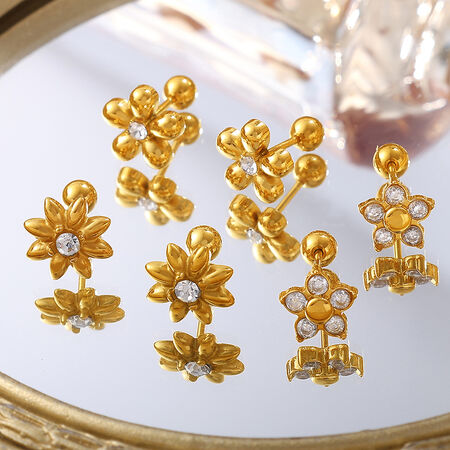 1 Pair Flower Stainless Steel Waterproof Gold Color Rhinestone Stud Earrings