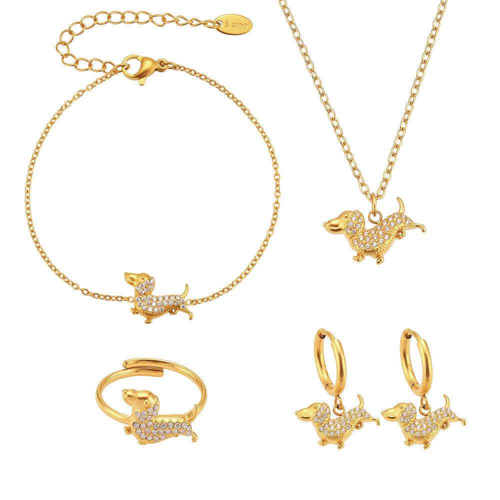 Cute Dachshund Stainless Steel Waterproof Gold Color Zircon Women's Jewelry Sets h5Picture7