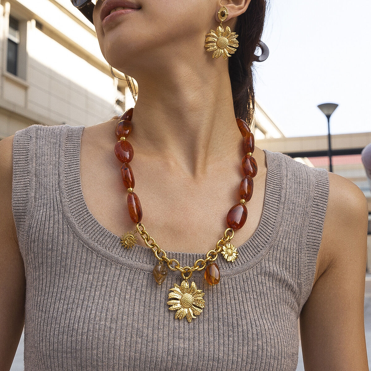 1 Piece Flower Stainless Steel Gold Color Acrylic Beaded Necklace