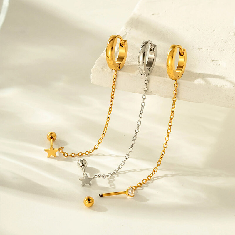 1 orecchino piercing semplice a forma di cerchio con stella color oro e zirconi 2