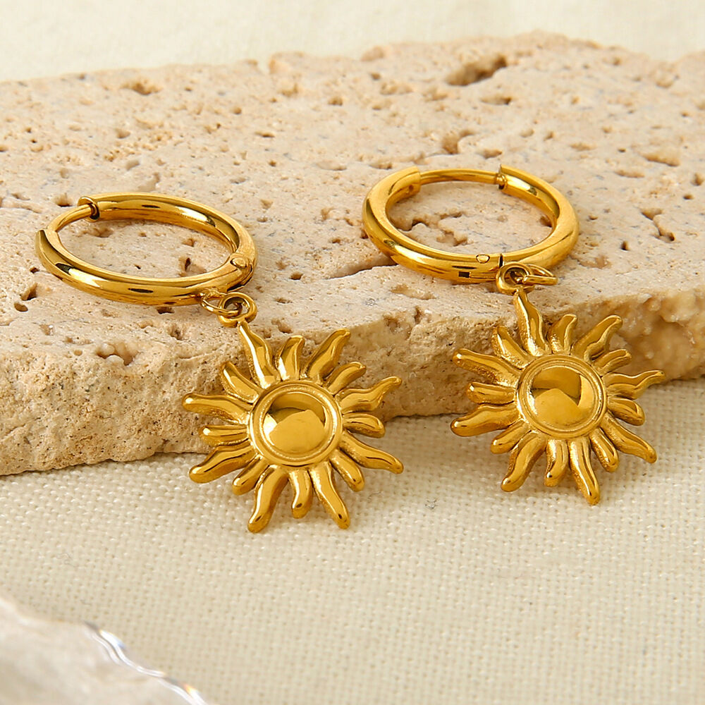 1 Pair Classic  Retro Sun Stainless Steel Waterproof  Gold Color  Women's Hoop Earrings Picture3