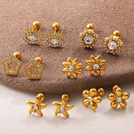 1 Pair Flower Stainless Steel Waterproof Gold Color Rhinestone Stud Earrings 2
