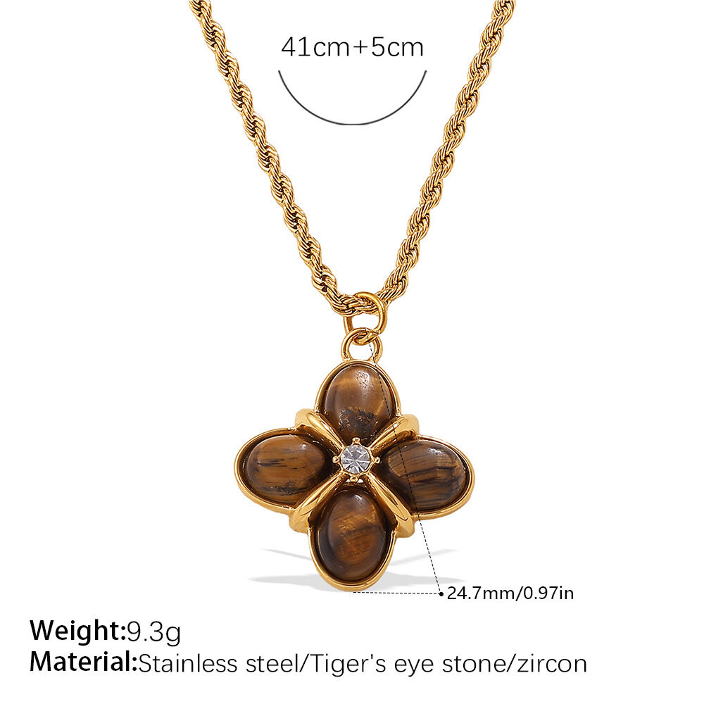 1 Piece Retro Flower Stainless Steel Waterproof Gold Color Natural Stone Pendant Necklace h5 