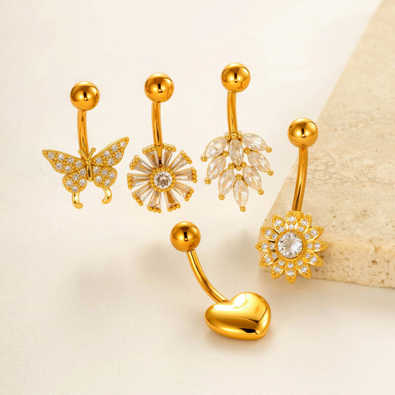1 Stück Stilvolle Blume Herz Schmetterling Kupfer Gold Farbe Zirkon Bauchnabelpiercings h5Bild4