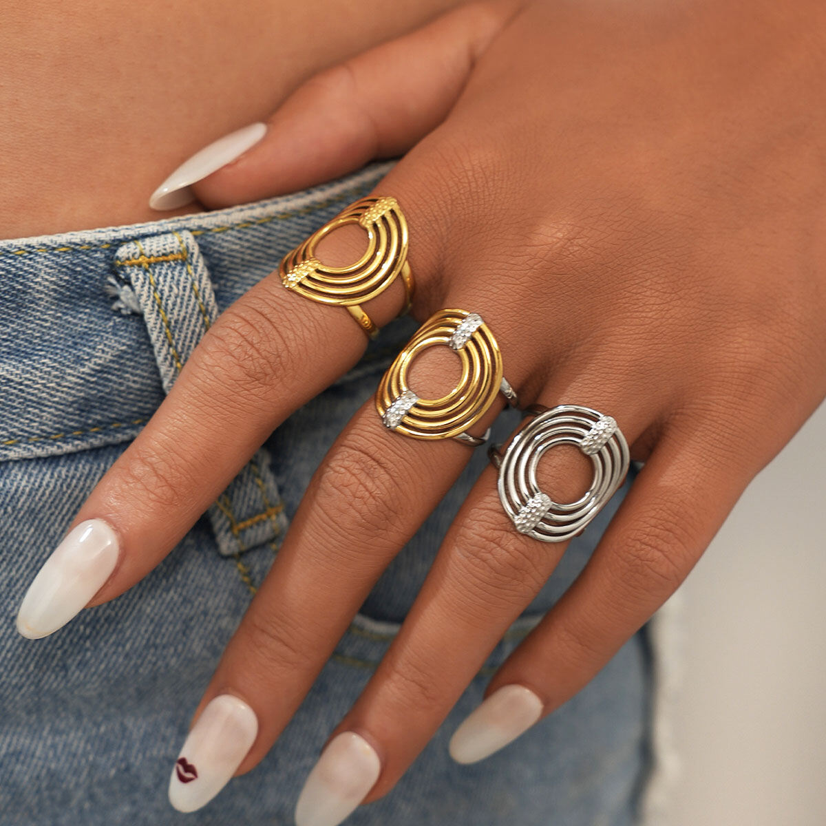 1 Piece  Casual Circle Stainless Steel Waterproof   Gold Color  Women's Statement Rings Picture4