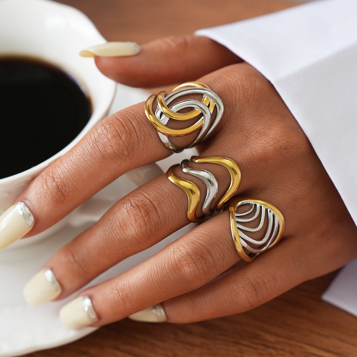 1 Piece Woven Mixed Gold Color And Silver Colors Stainless Steel Waterproof Women‘s  Statement Rings h5 Picture4