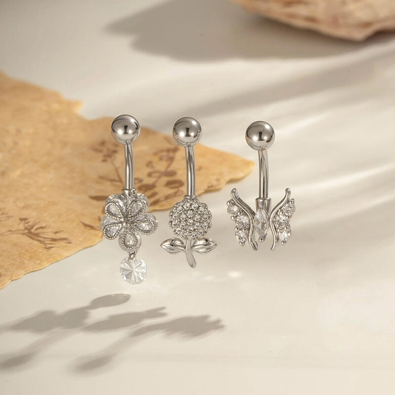 Piercing all'ombelico in rame e zircone a forma di farfalla con fiore, 1 pezzo