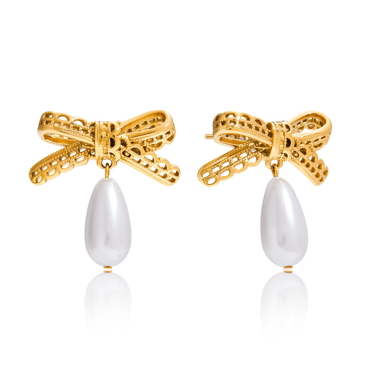 1 Pair Romantic Droplet Bow Knot Stainless Steel Waterproof Gold Color Women's Drop Earrings h5 
