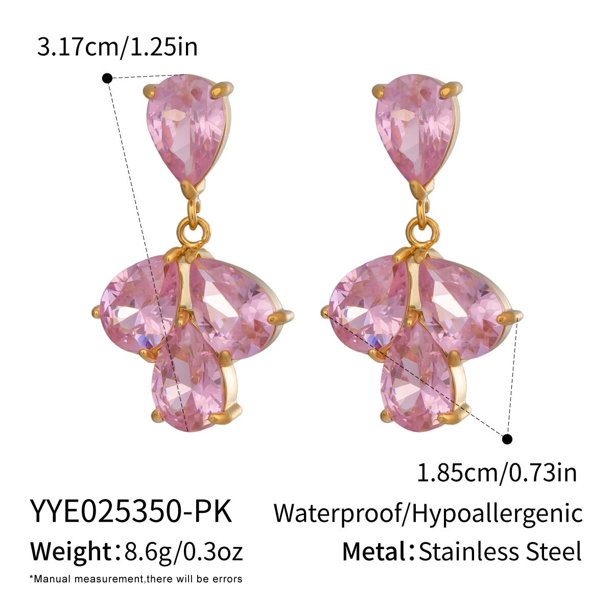 1 Pair Luxurious Series Stainless Steel Waterproof Gold Color Pink Zircon Party Earrings h5