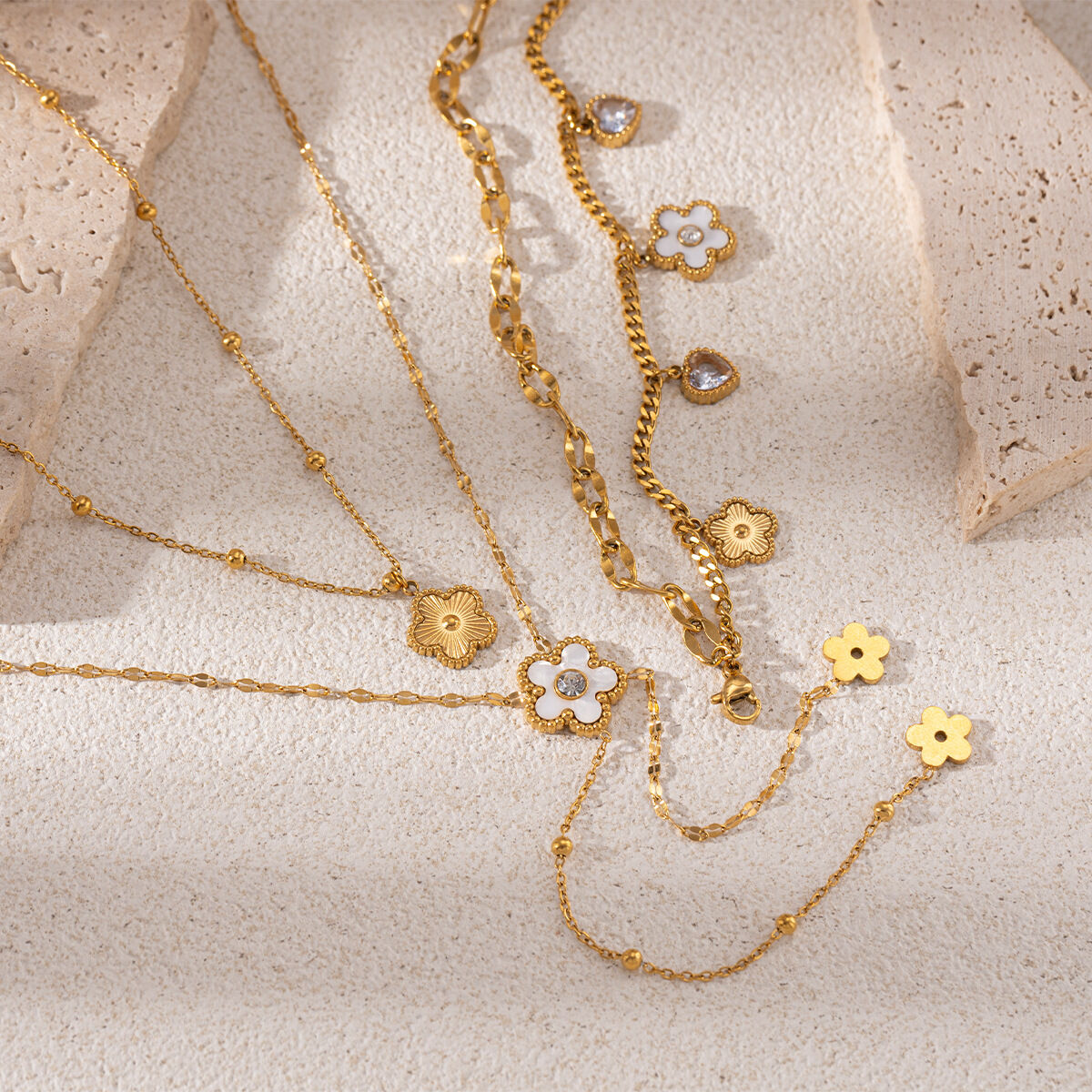 Flower Shape Stainless Steel Waterproof Gold Color Necklaces Set h5 Picture2