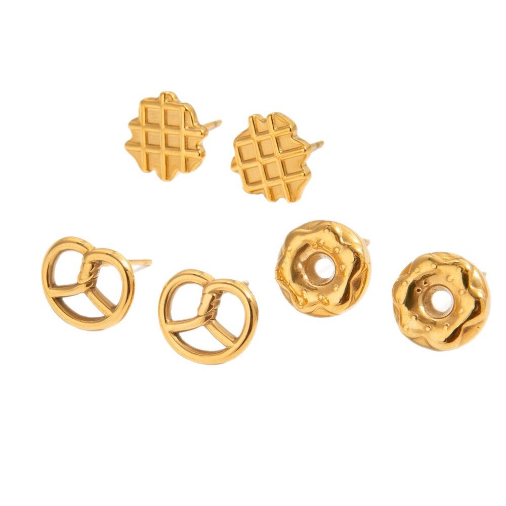 1 Pair Cute Doughnut Stainless Steel Waterproof Gold Color Women's Stud Earrings h5Picture6