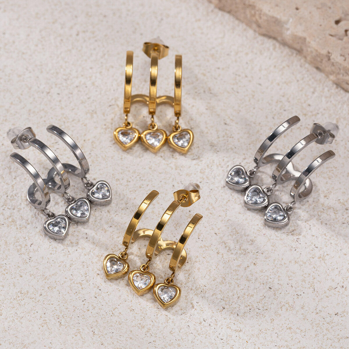 1 Pair Heart Stainless Steel Waterproof Gold Color  Zircon Drop Earrings h5 Picture2