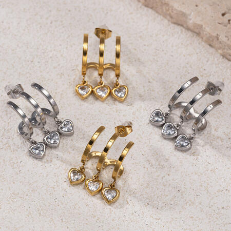 1 Pair Heart Stainless Steel Waterproof Gold Color Zircon Drop Earrings 2
