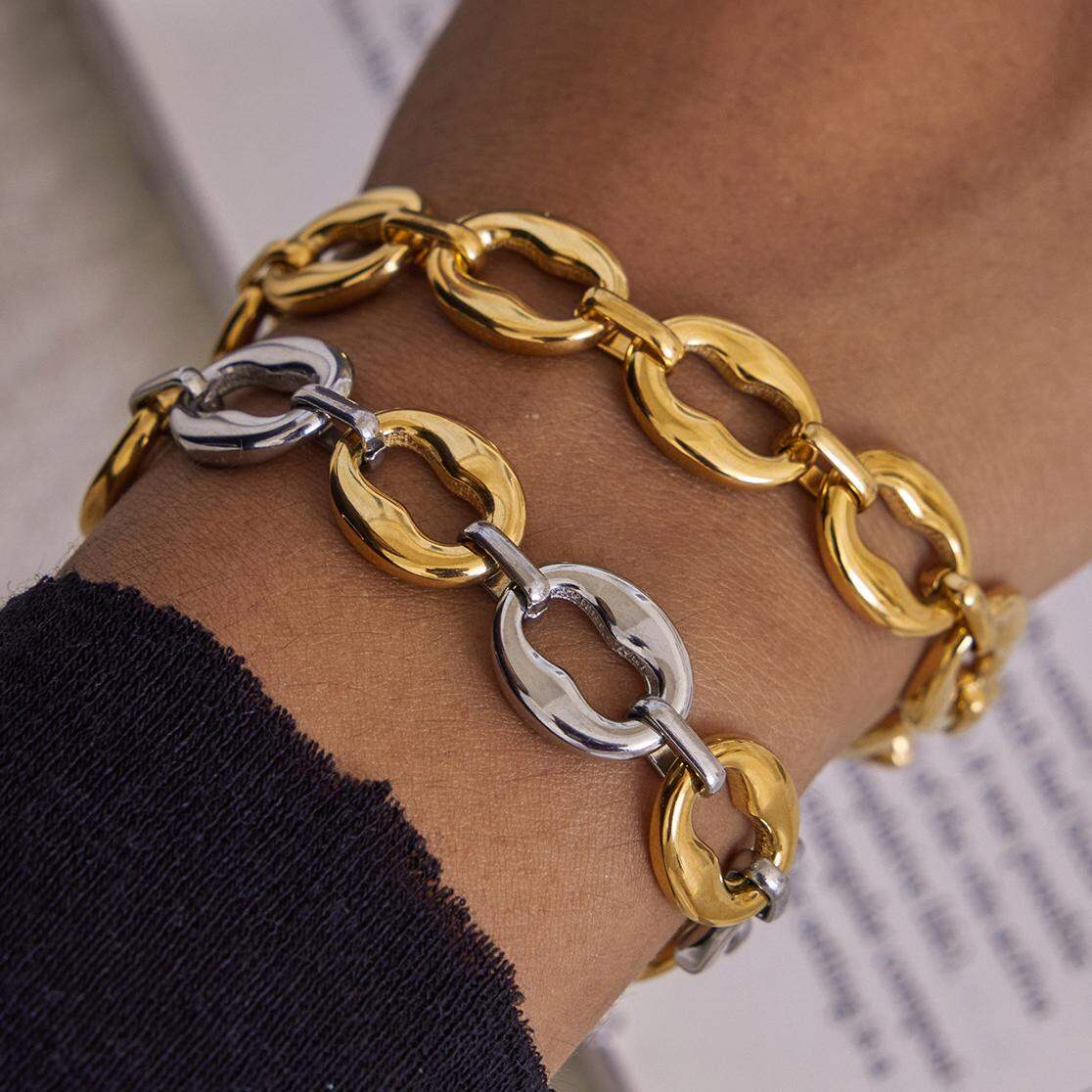 Pulsera de cadena clásica de acero inoxidable circular, resistente al agua, color dorado, para mujer, 1 unidad